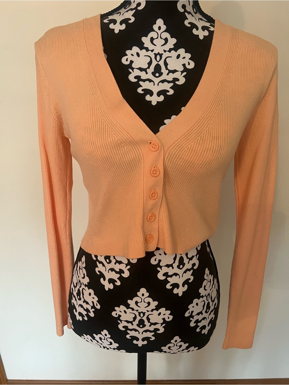 Peach Ribbed V-Neck Button Crop Cardigan plus sheer tank - 2 for the price of 1